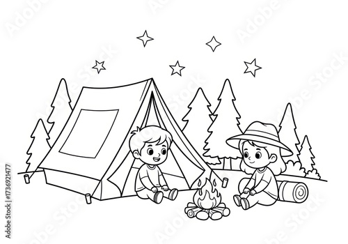 Camping Adventure - Two Kids Enjoying a Campfire Under the Stars.