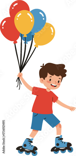 Cartoon Flat Illustration of Happy Boy Holding Balloons on Roller Skates