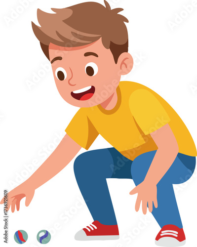 Cartoon Flat Illustration of a Young Boy Playing with Marbles