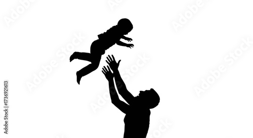 Silhouette of a father tossing his happy child into the air against a white background symbolizing joy and trust