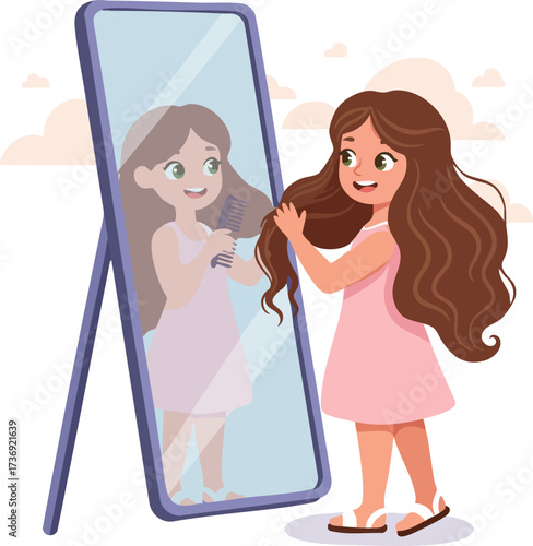 Cartoon Illustration of a Little Girl Combing Her Hair in Mirror