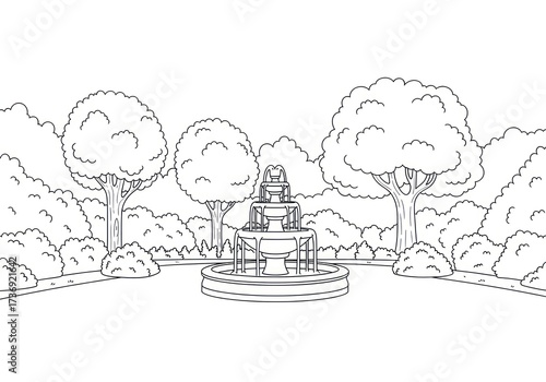 Elegant Garden Fountain Surrounded by Lush Trees and Bushes.