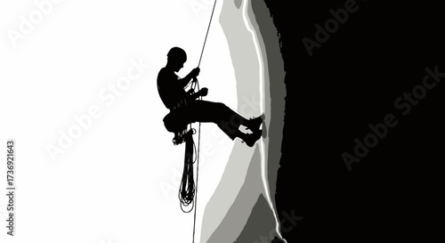 Silhouette of a determined rock climber rappelling down a sheer cliff face against a stark white and black background
