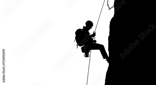 Silhouette of a person rappelling down a steep rock face with a backpack and climbing gear against a white background