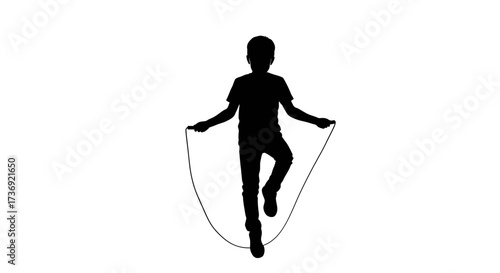Silhouette of a young boy energetically jumping rope on a white background showcasing childhood activity and fitness