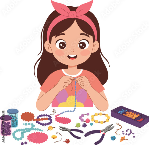 Flat Cartoon Young Girl Making Jewelry Beads Crafts Illustration