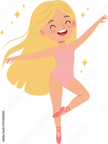 Cute Cartoon Smiling Ballerina Girl Character with Blond Hair Illustration
