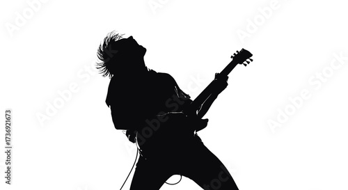 Silhouette of a passionate male guitarist playing electric guitar with head tilted back in energetic performance against a white background