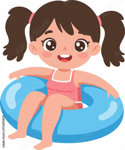 Cute Cartoon Style Girl in Swimming Ring Character Illustration