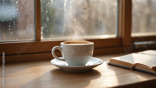 Warm coffee beside open book