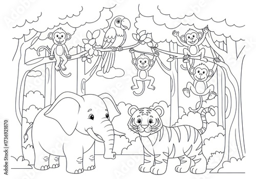 Jungle animals coloring page with elephant tiger and monkeys.