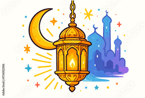 Colorful lantern and crescent moon with starry mosque background for ramadan celebration