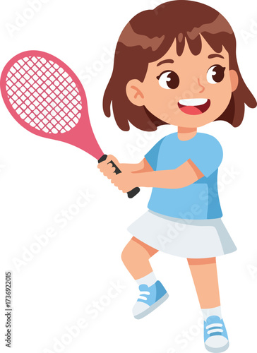Cartoon Style Cheerful Girl Playing Tennis with Racket Sports Illustration