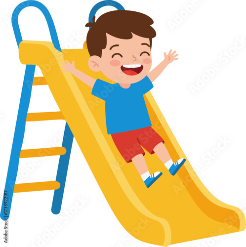 Cheerful Cartoon Boy Sliding Down a Playground Slide Illustration