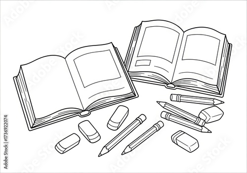 Open books with pencils and erasers line art illustration.