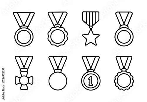 Set of linear medal icons: achievement, awards, and recognition symbols