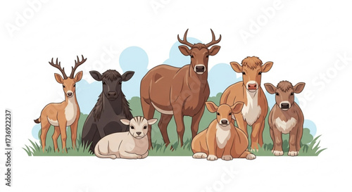 Illustration depicting a group of deer and cows standing together in a grassy field under a blue sky