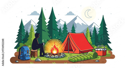 Illustration of a person camping with a tent campfire backpack sleeping bag cooler and mountain scenery at night