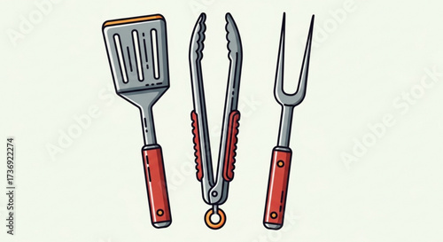 Illustration showcasing spatula tongs and fork barbecue utensils with red handles on a light background