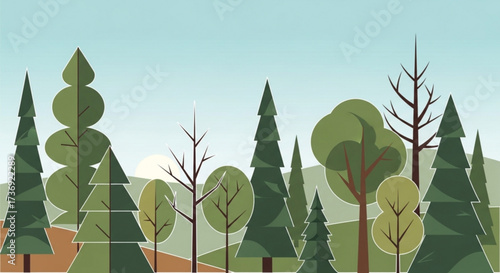 Flat illustration of a forest landscape with various trees under a light blue sky in daytime scene