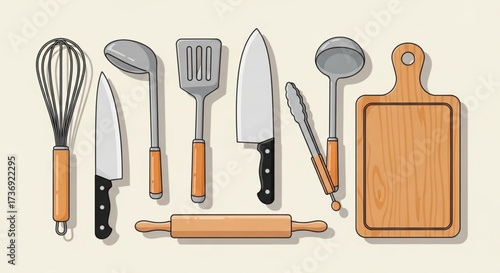 Illustration of kitchen utensils including a whisk, knives, ladles, spatula, tongs, and a cutting board
