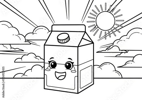 Happy Milk Carton Under Sunny Sky Coloring Page.
