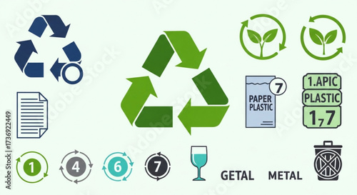 Illustration showing various recycling symbols including paper, plastic, metal and general recycling icons