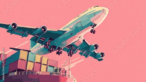 Illustration of an aircraft taking off from a cargo ship against a pink backdrop
