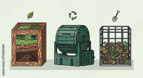 Illustration showing three different types of compost bins with organic material and a shovel above one