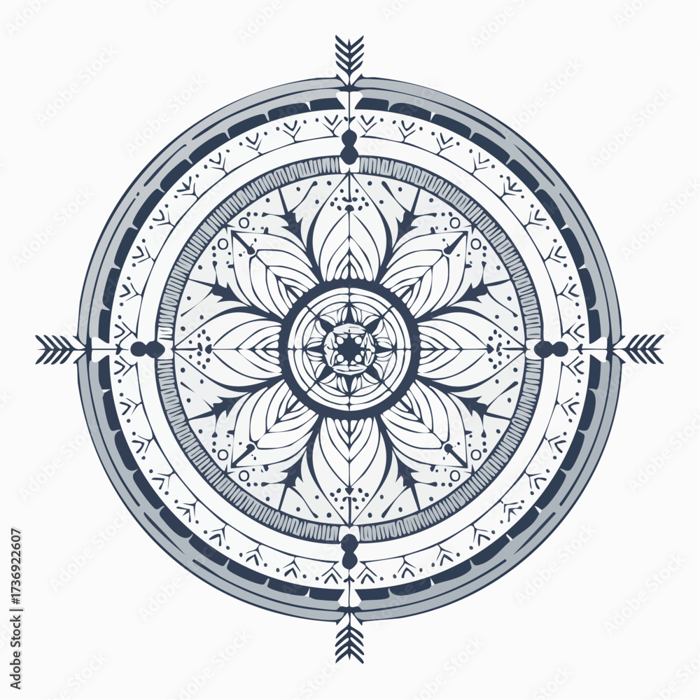 Obraz premium Ornate Circular Geometric Design with Floral and Arrow Elements in Blue and White