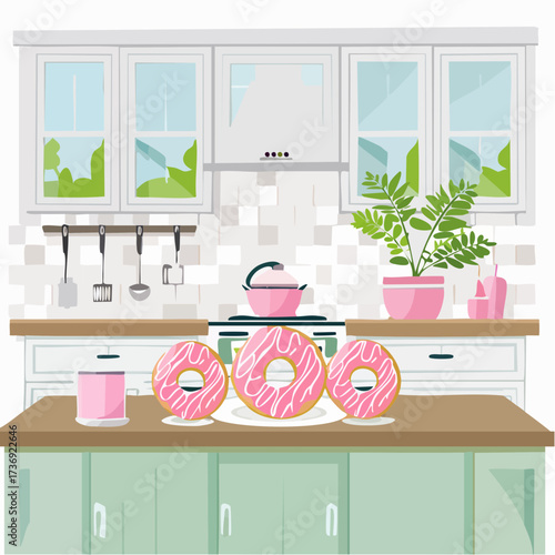 Pastel Kitchen Illustration with Pink Frosted Donuts on Green Countertop and White Cabinets