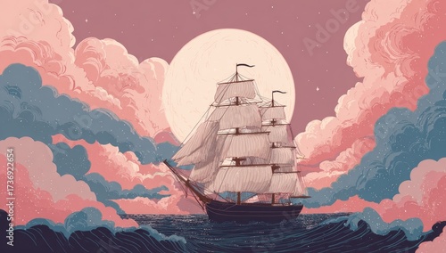 A sailing ship at sea, with a full moon behind it, surrounded by stylized pink and blue clouds