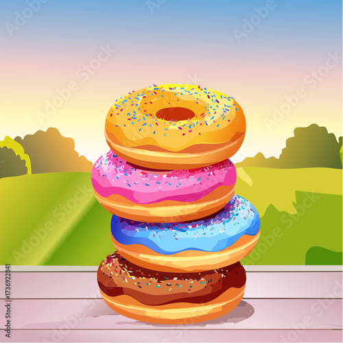 Stack of Four Colorful Donuts with Sprinkles on Wooden Surface Against Green Meadow and Sunset Sky