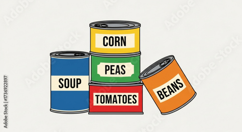 Illustration of a stack of colorful canned goods with labels showing soup corn peas tomatoes and beans