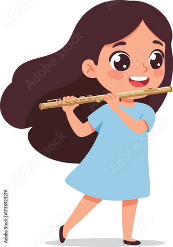 Cartoon Style Little Girl Playing Flute Musical Instrument Illustration Art