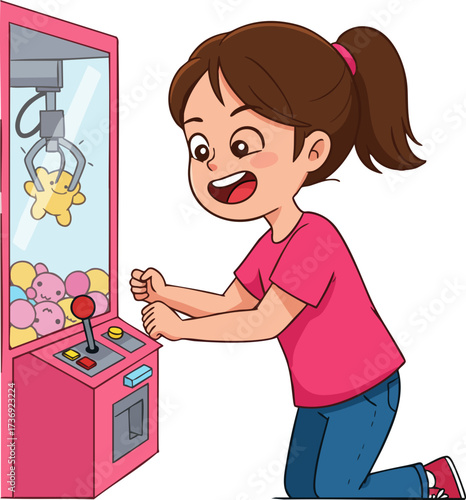 Cartoon Style Girl Playing Claw Machine Game in Amusement Park