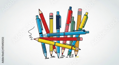 Illustration showing a group of various pens and pencils scattered on a white surface in a pile