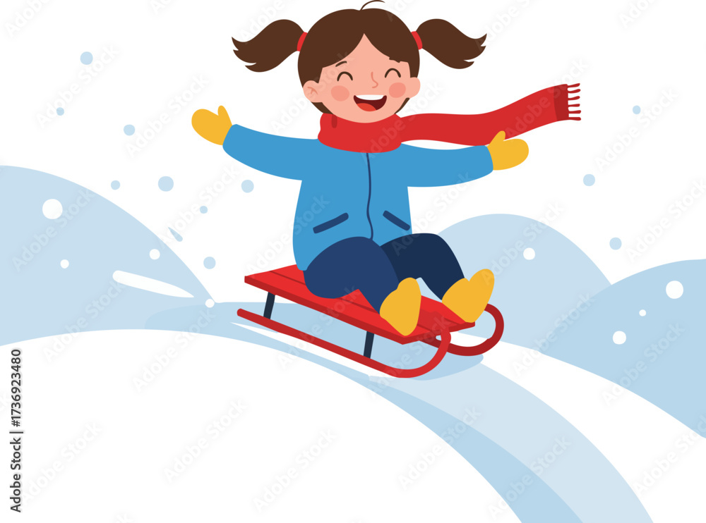 Obraz premium Cheerful Flat Illustration Girl Sledding Downhill in a Winter Landscape