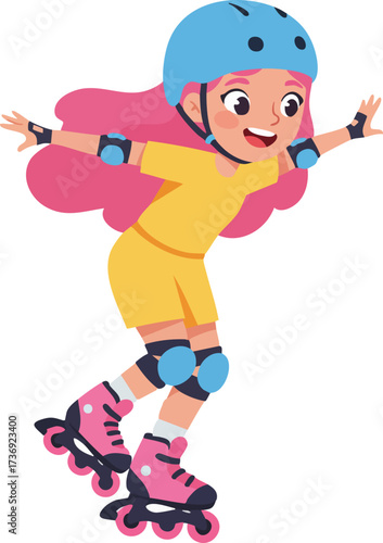 Cartoon Style Smiling Girl Roller Skating Outdoor Activity Illustration