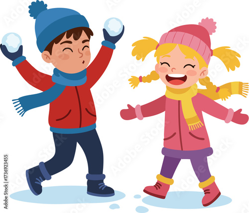 Cartoon Style Happy Children Playing with Snowballs Winter Outdoor Scene