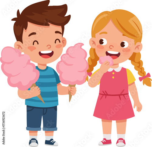 Cartoon Illustration of Happy Children Enjoying Pink Cotton Candy Treat
