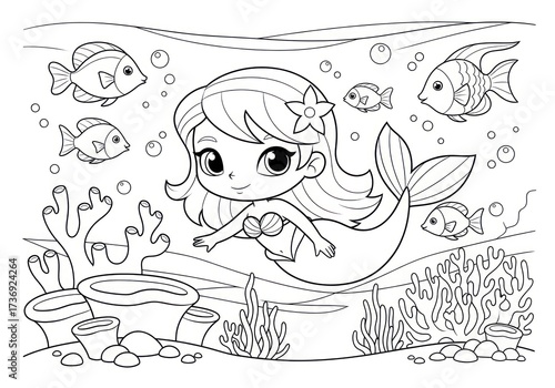 Charming Underwater Scene - Mermaid and Fish Coloring Page.