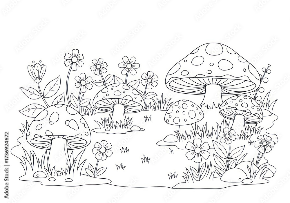 Fototapeta premium Enchanting Mushroom Garden Coloring Page for Creative Minds.