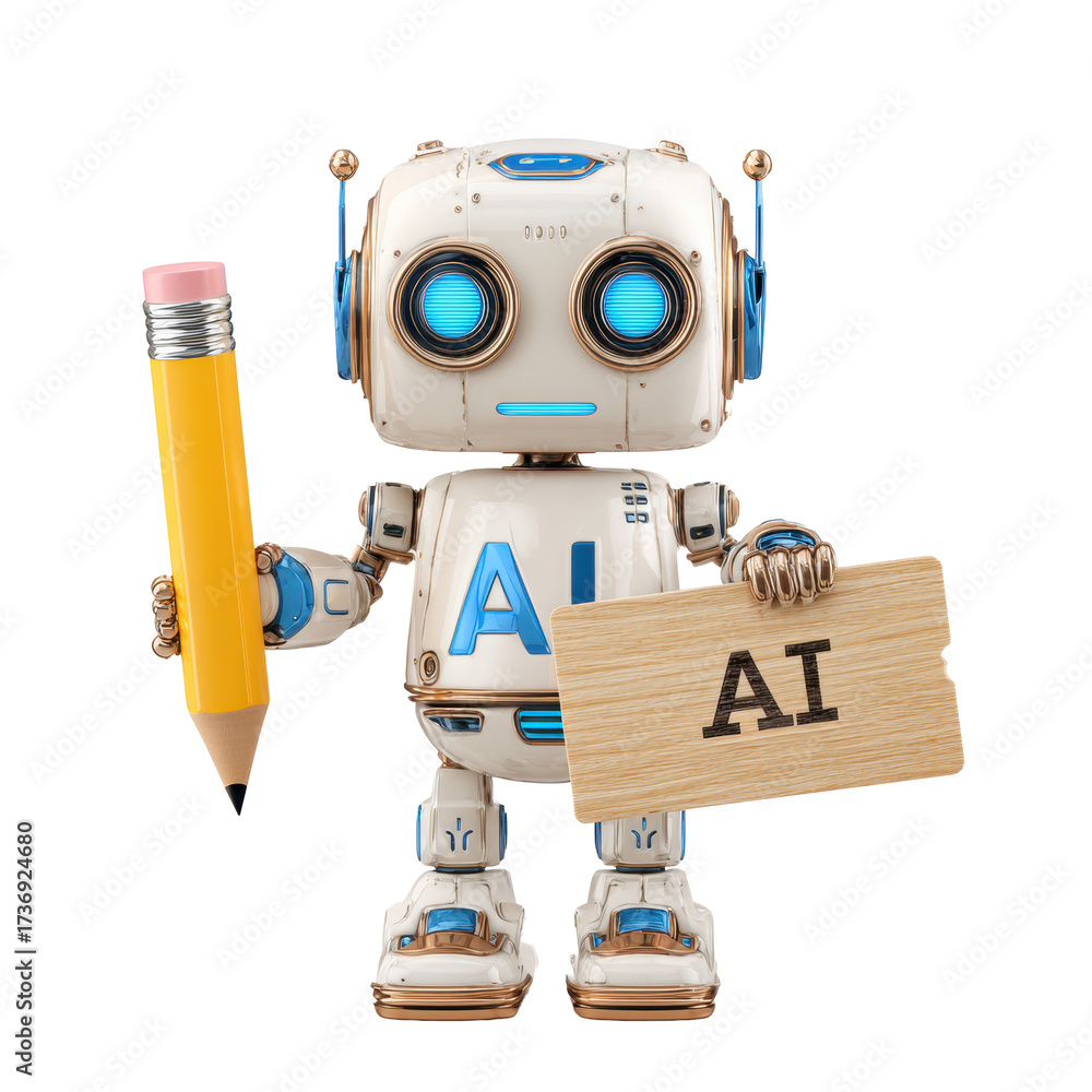 Fototapeta premium Friendly AI Robot with Pencil for Education and Tech Visualization