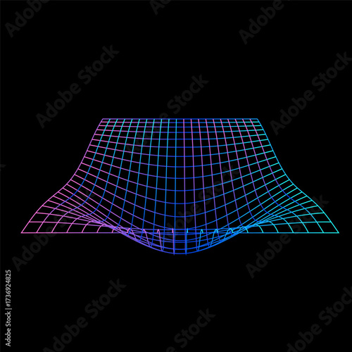 Abstract neon wireframe grid with a gravitational distortion on a black background, representing digital space curvature