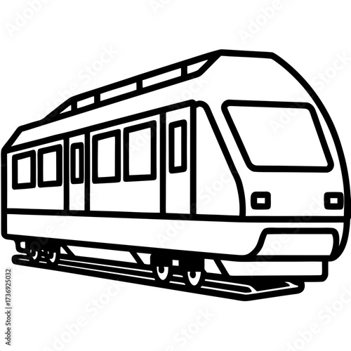 Simple Commuter Train Vector Illustration, Outline Style, White Background