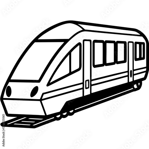 Simple Commuter Train Vector Illustration, Outline Style, White Background