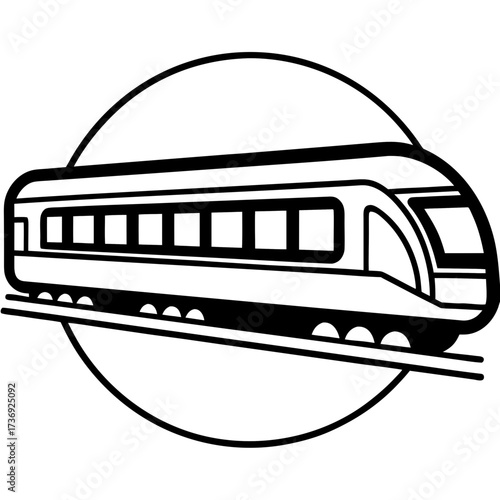 Simple Commuter Train Vector Illustration, Outline Style, White Background
