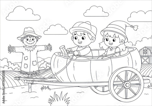 Two happy children riding in a giant pumpkin cart on a farm with a friendly scarecrow for coloring.