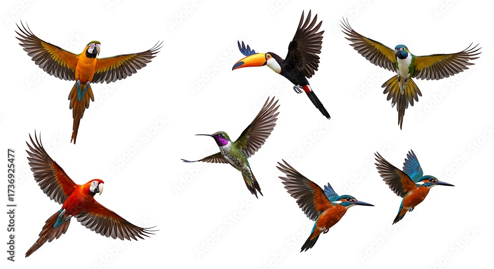 Obraz premium Collection of seven vibrant exotic birds in mid-flight with wings spread against a white background